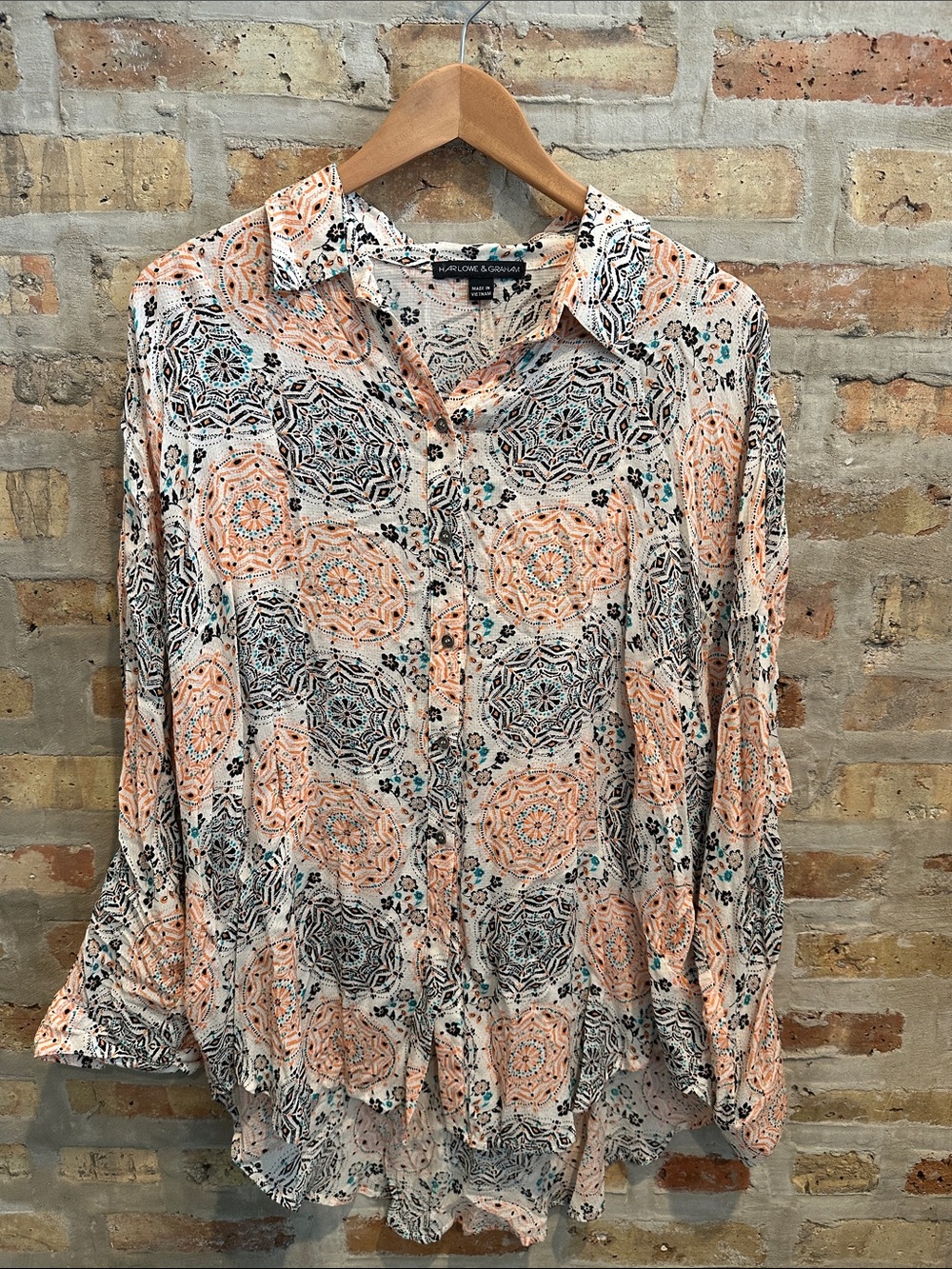 Harlowe & Graham Peach, Black and Turquoise Mosaic Print Button-Down Blouse